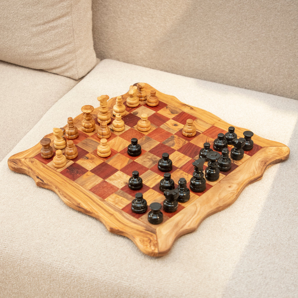 Olive Wood Chess Set with Square Wavy Board and Red Squares