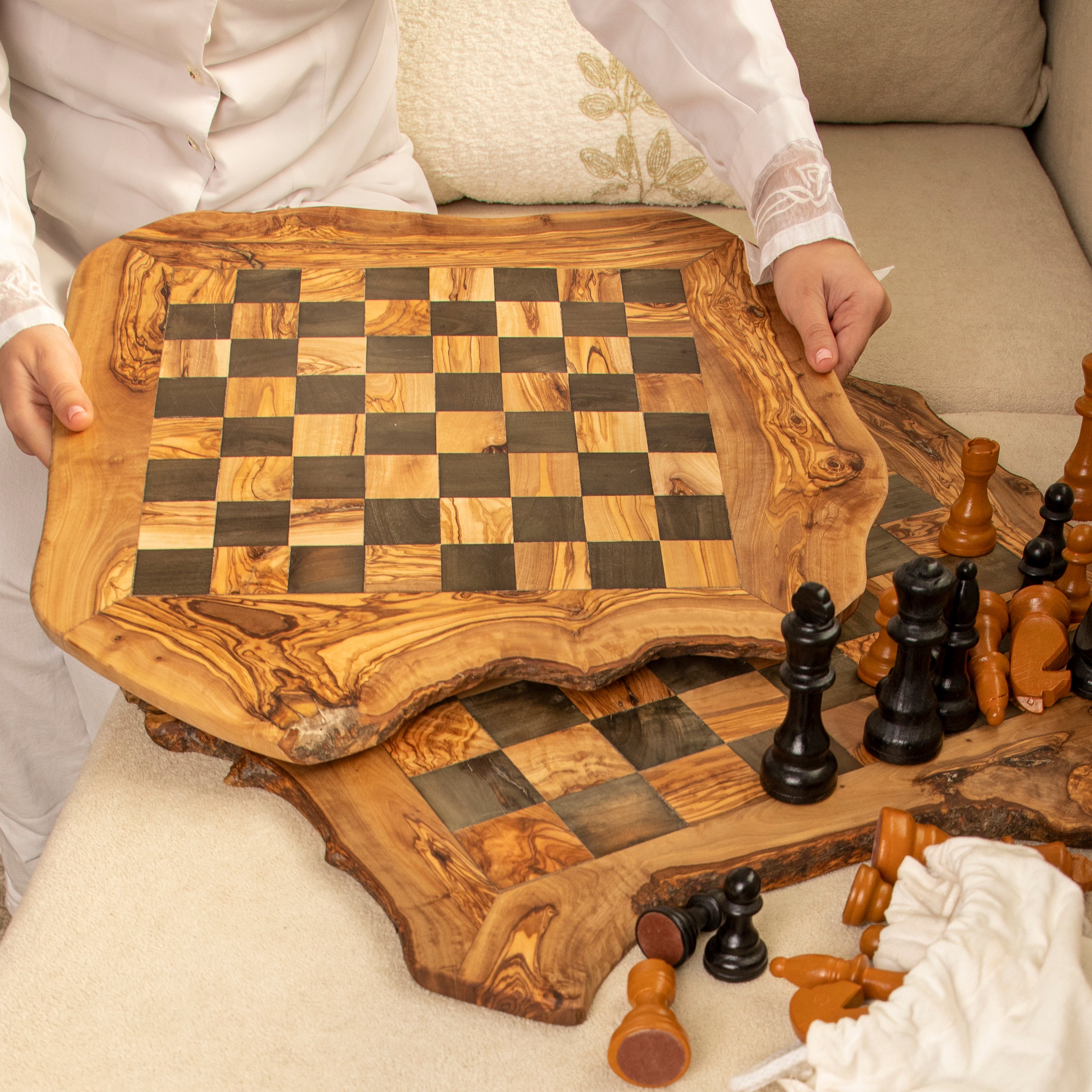 Handmade Olive Wood Chess Set with a Rustic Wobbly Board