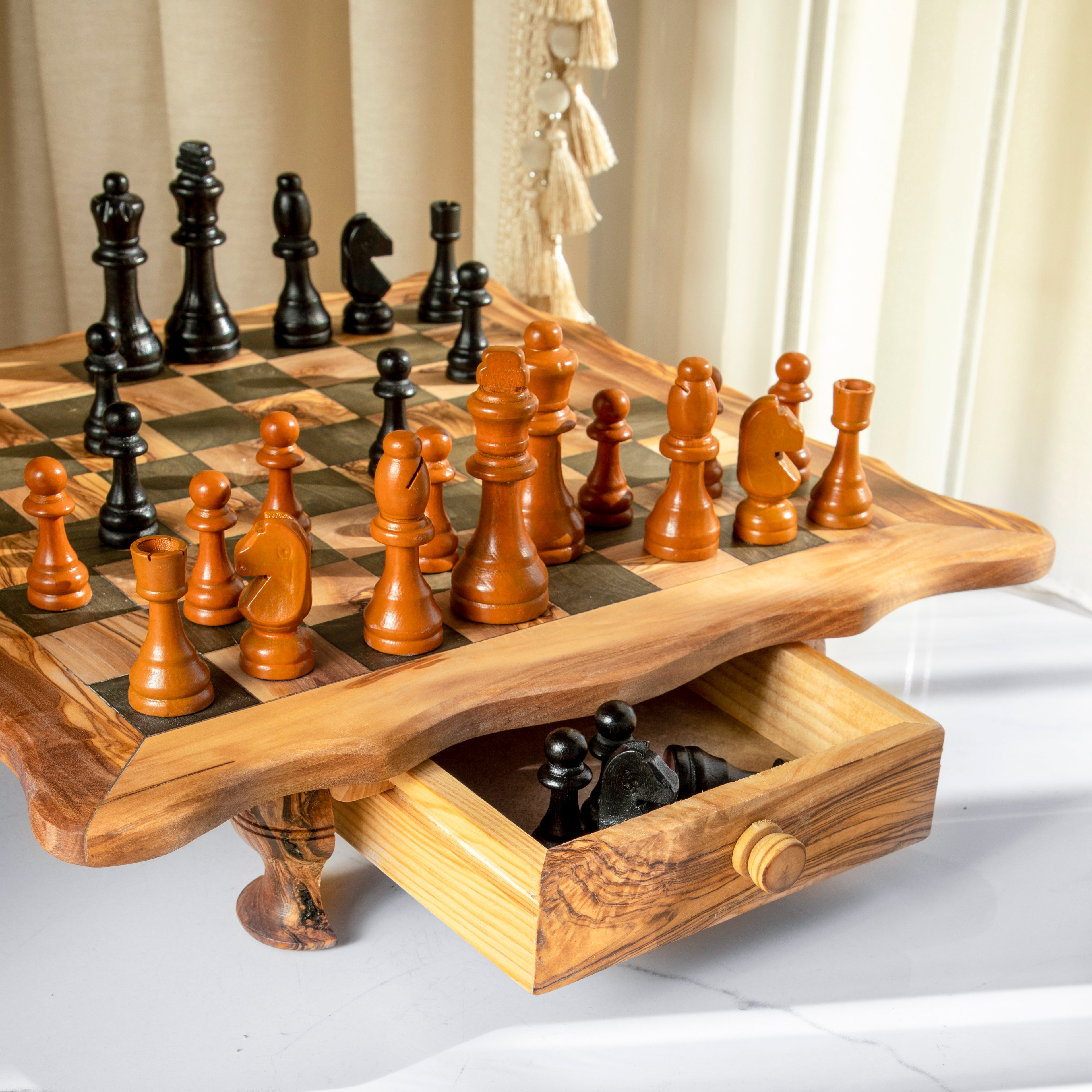 Handcrafted Olive Wood Chess Set with Wavy-Edged Board and Rustic Legs