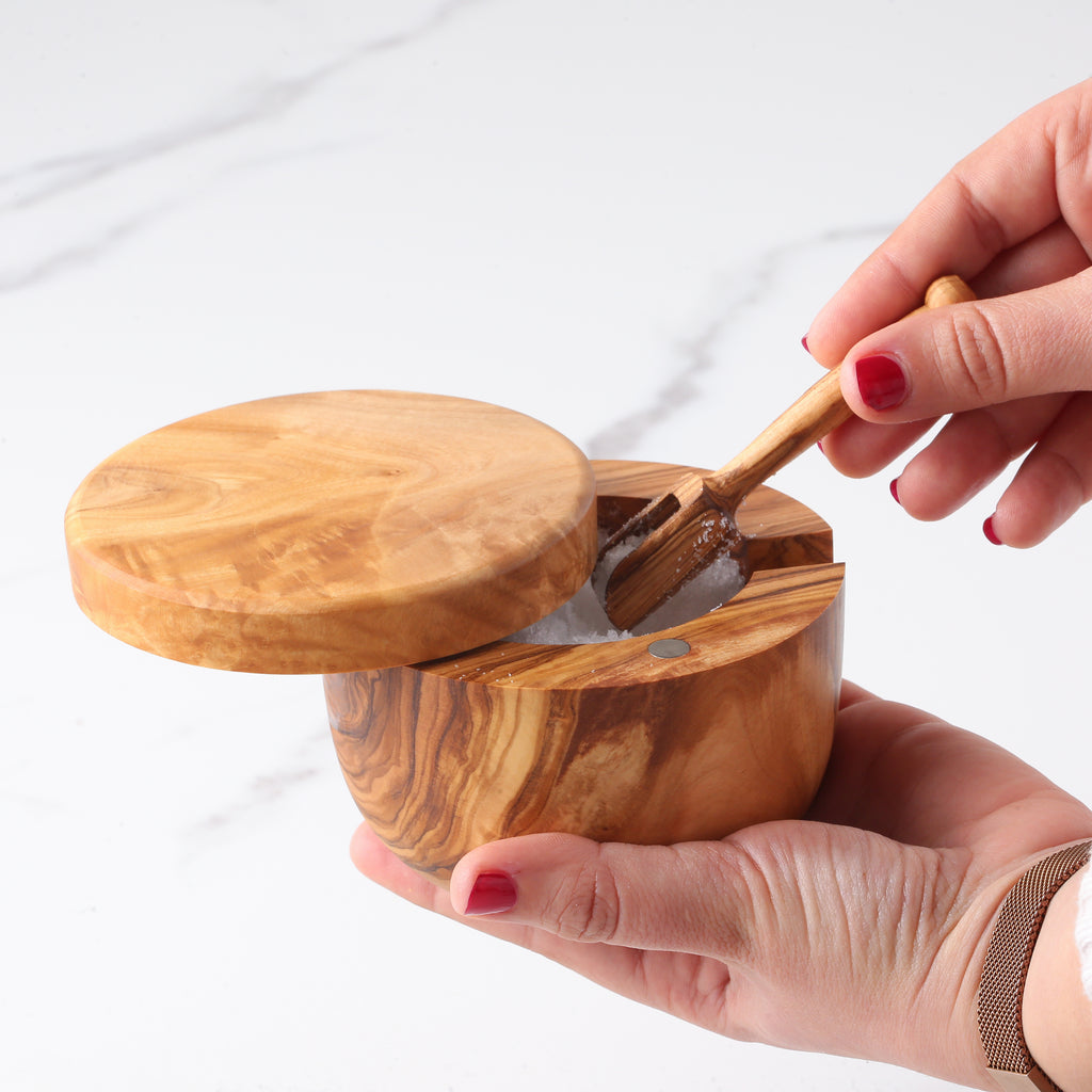 Olive Wood Salt Cellar with Scoop Magnetic Lid Handcrafted