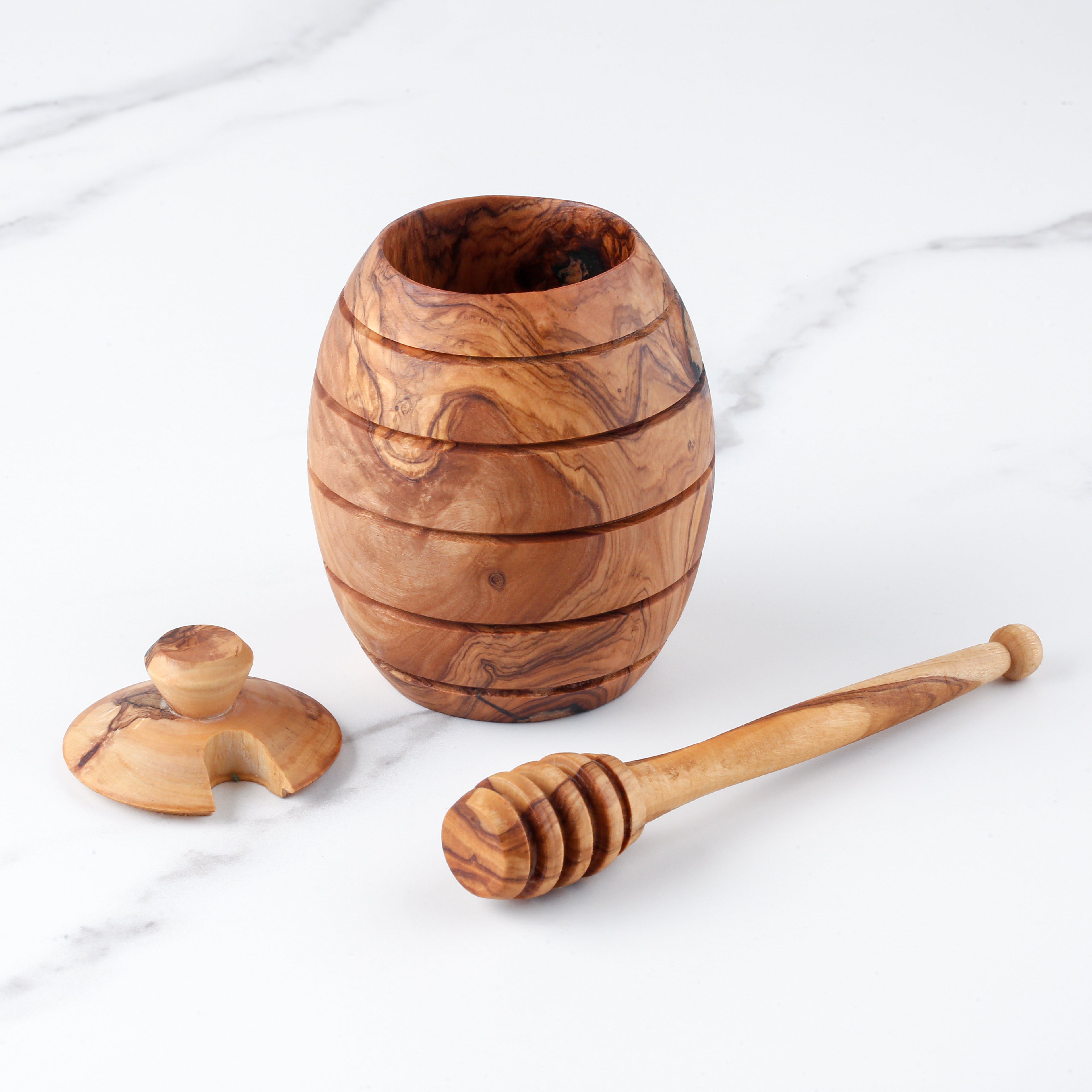 Rustic Olive Wood Honey Jar & Dipper – Hand-Carved