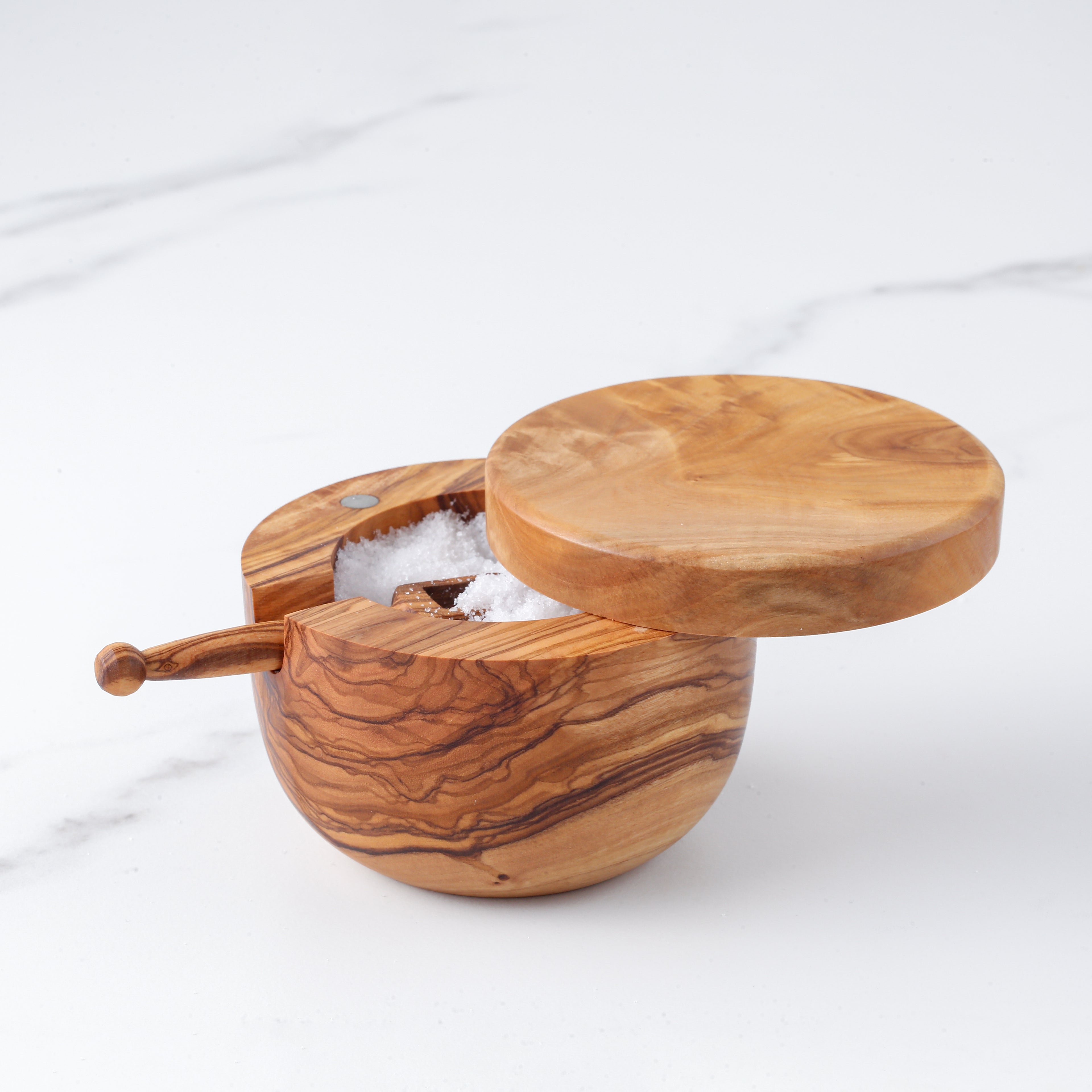 Olive Wood Salt Cellar with Scoop Magnetic Lid Handcrafted