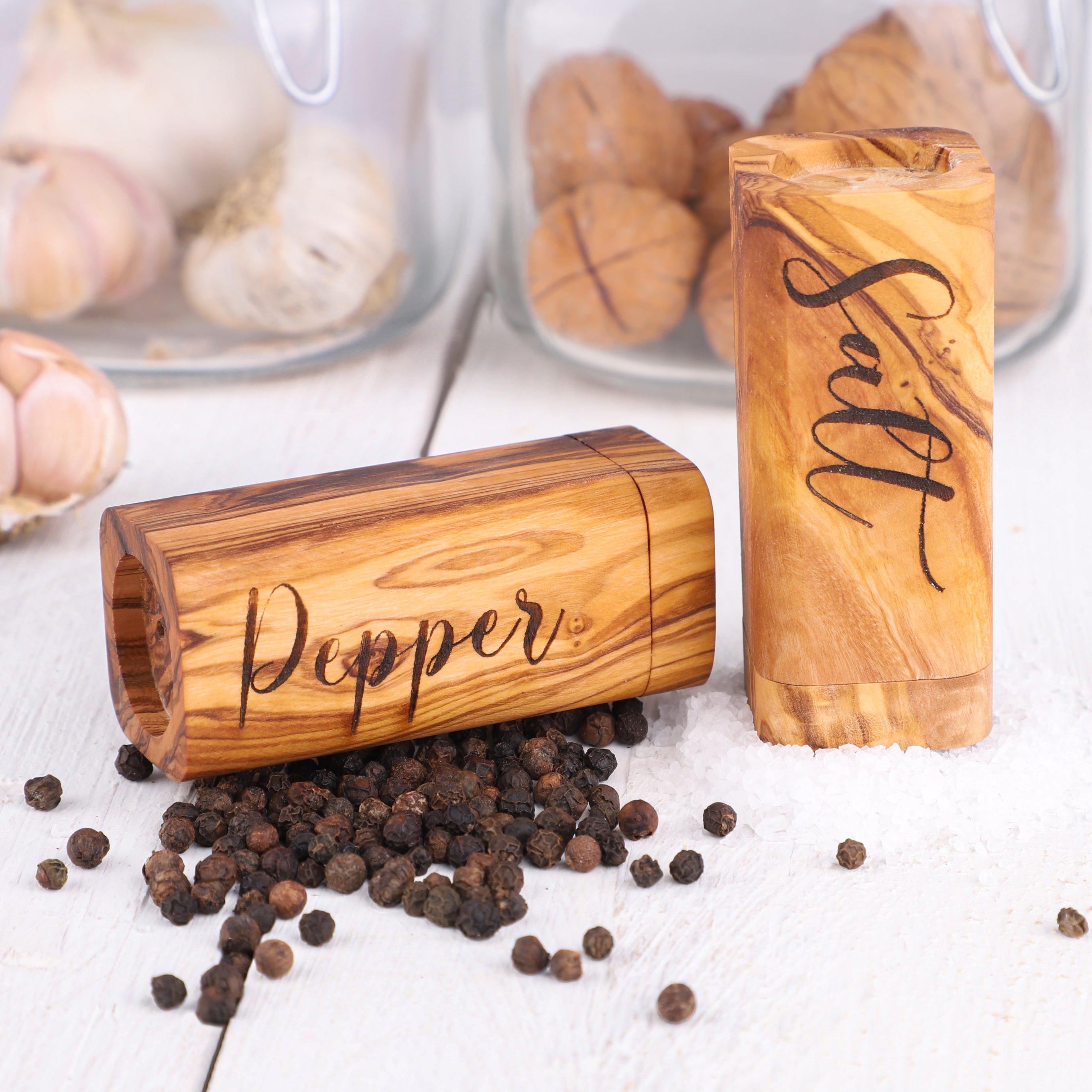 Rustic Olive Wood Salt Pepper Shakers Handcrafted