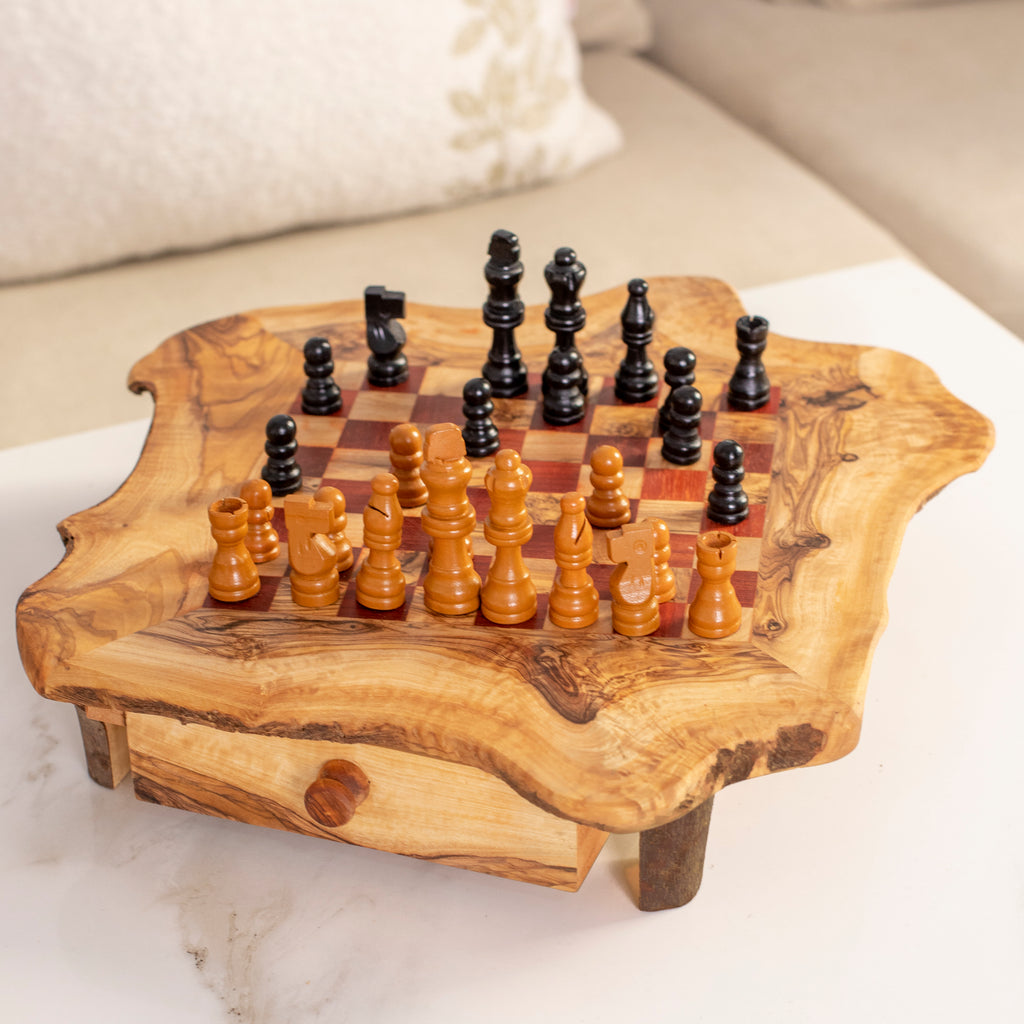 Olive Wood Chess Set with Red Squares and Drawers for Home Decor