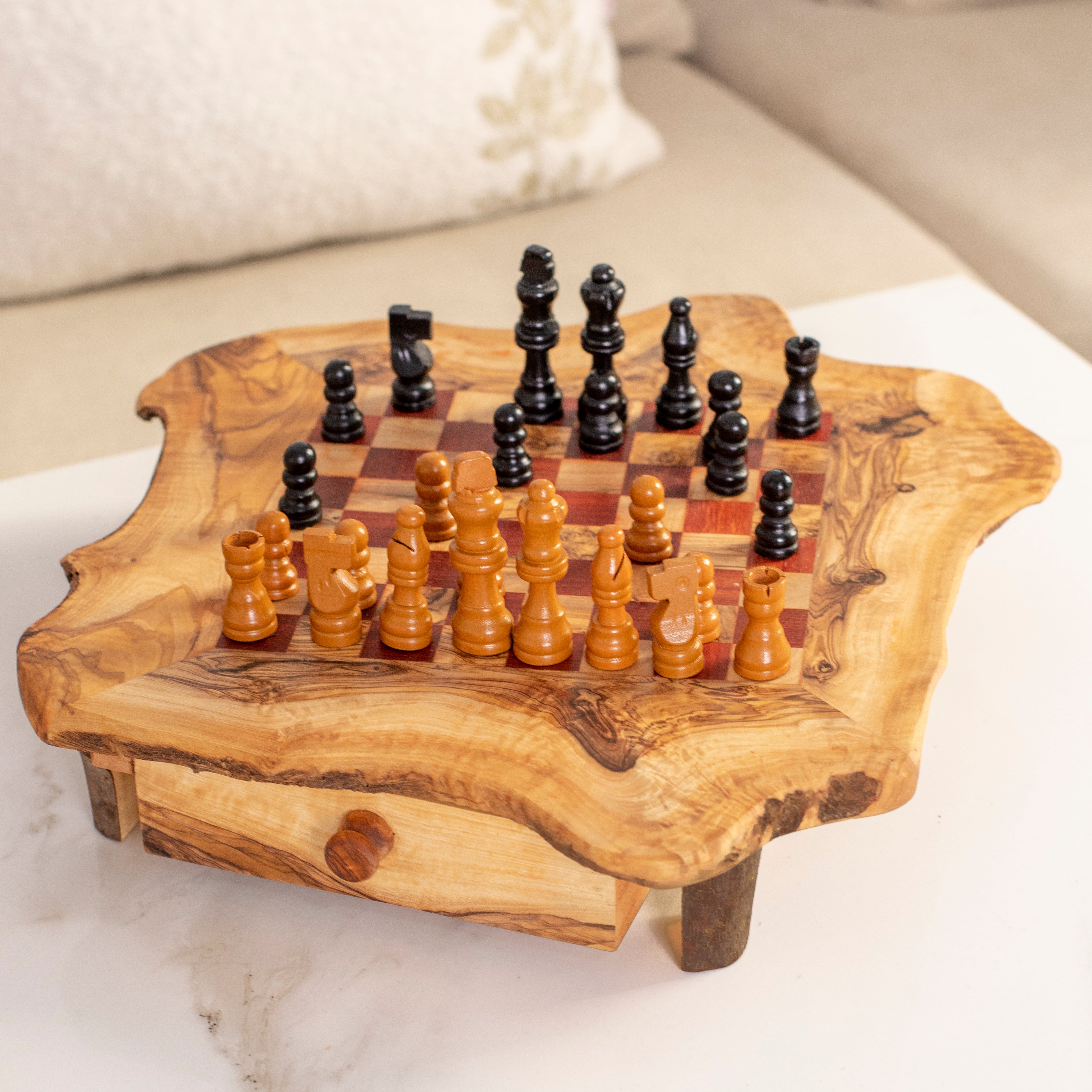 Olive Wood Chess Set with Red Squares and Drawers for Home Decor