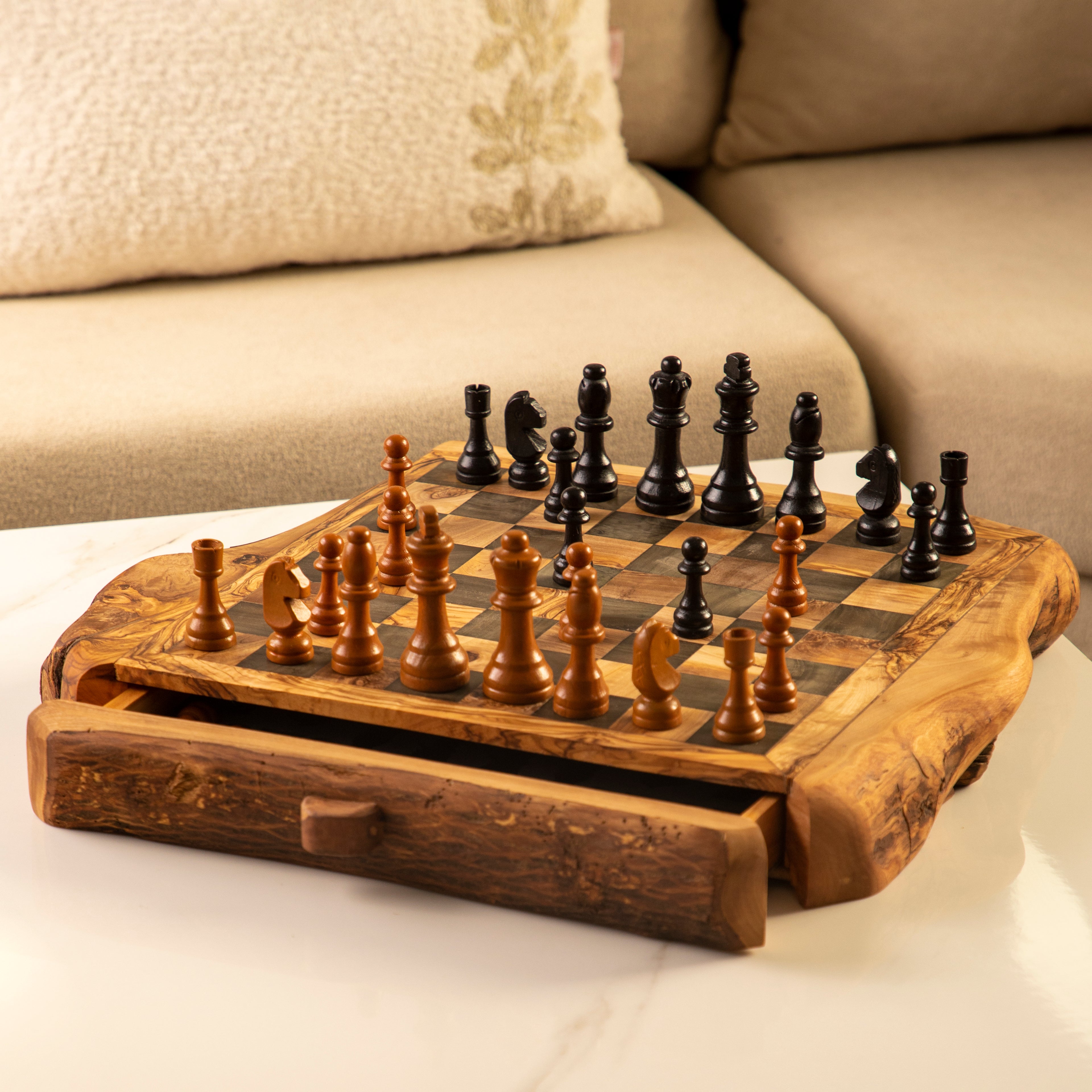 Handcrafted Olive Wood Chess Set with Large Rustic Drawer