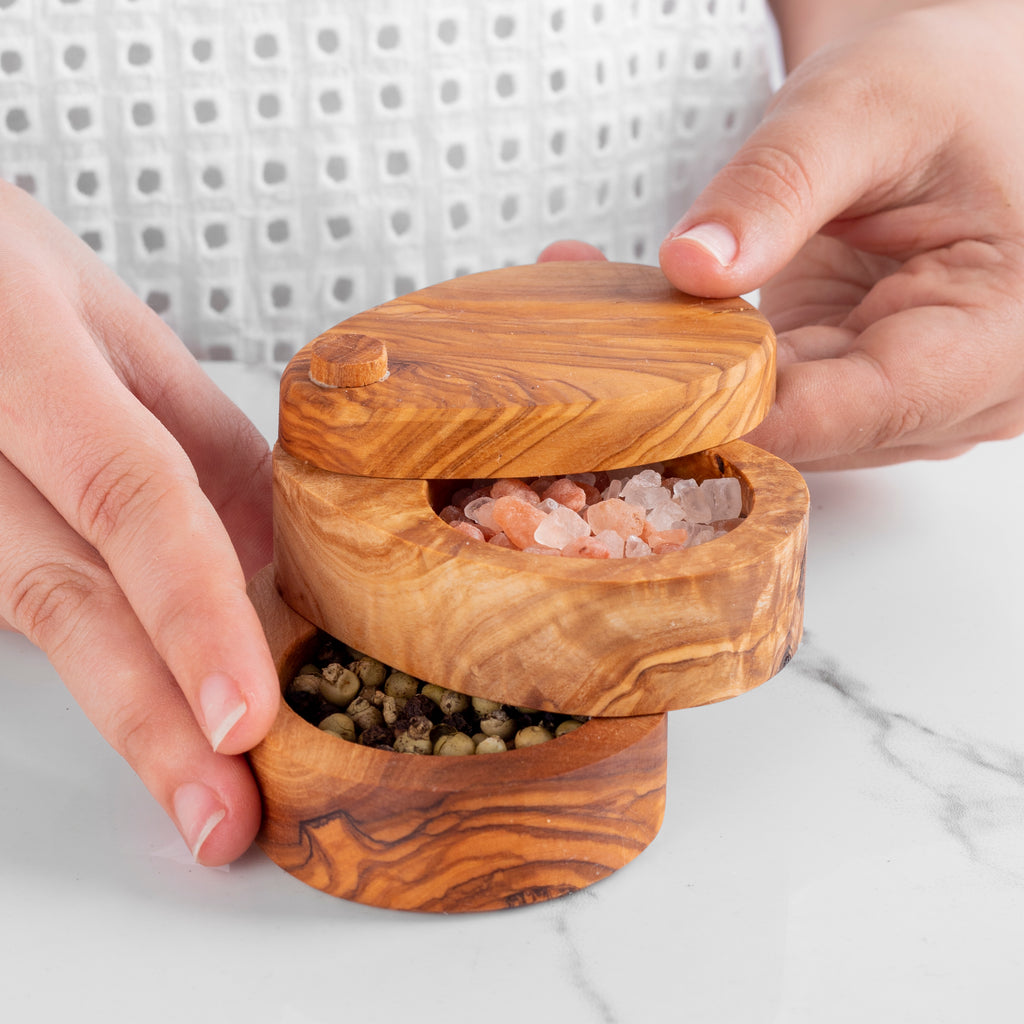 Olivenholz Salzbehälter Doppelschicht Rustikal Handgefertigt