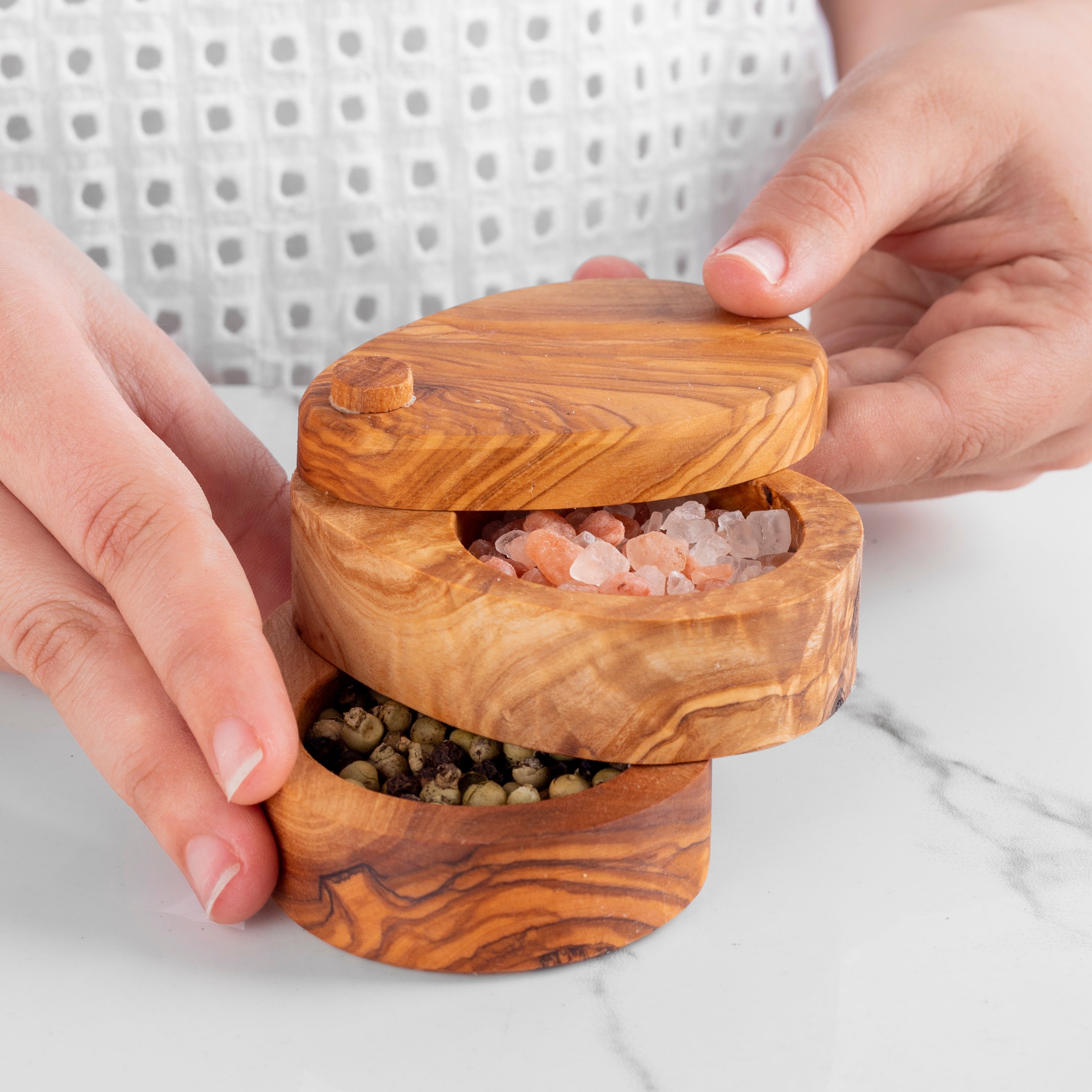 Olivenholz Salzbehälter Doppelschicht Rustikal Handgefertigt