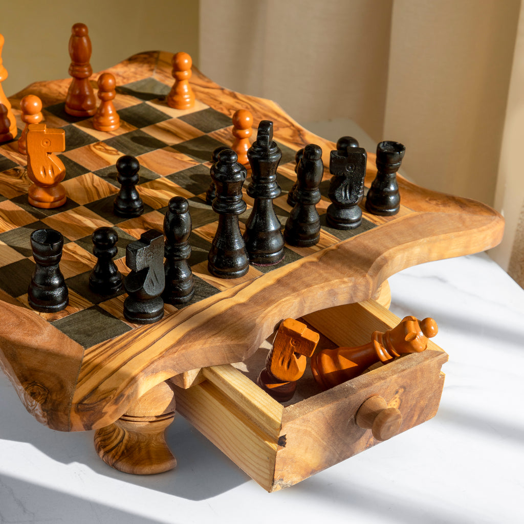 Handcrafted Olive Wood Chess Set with Wavy-Edged Board and Rustic Legs