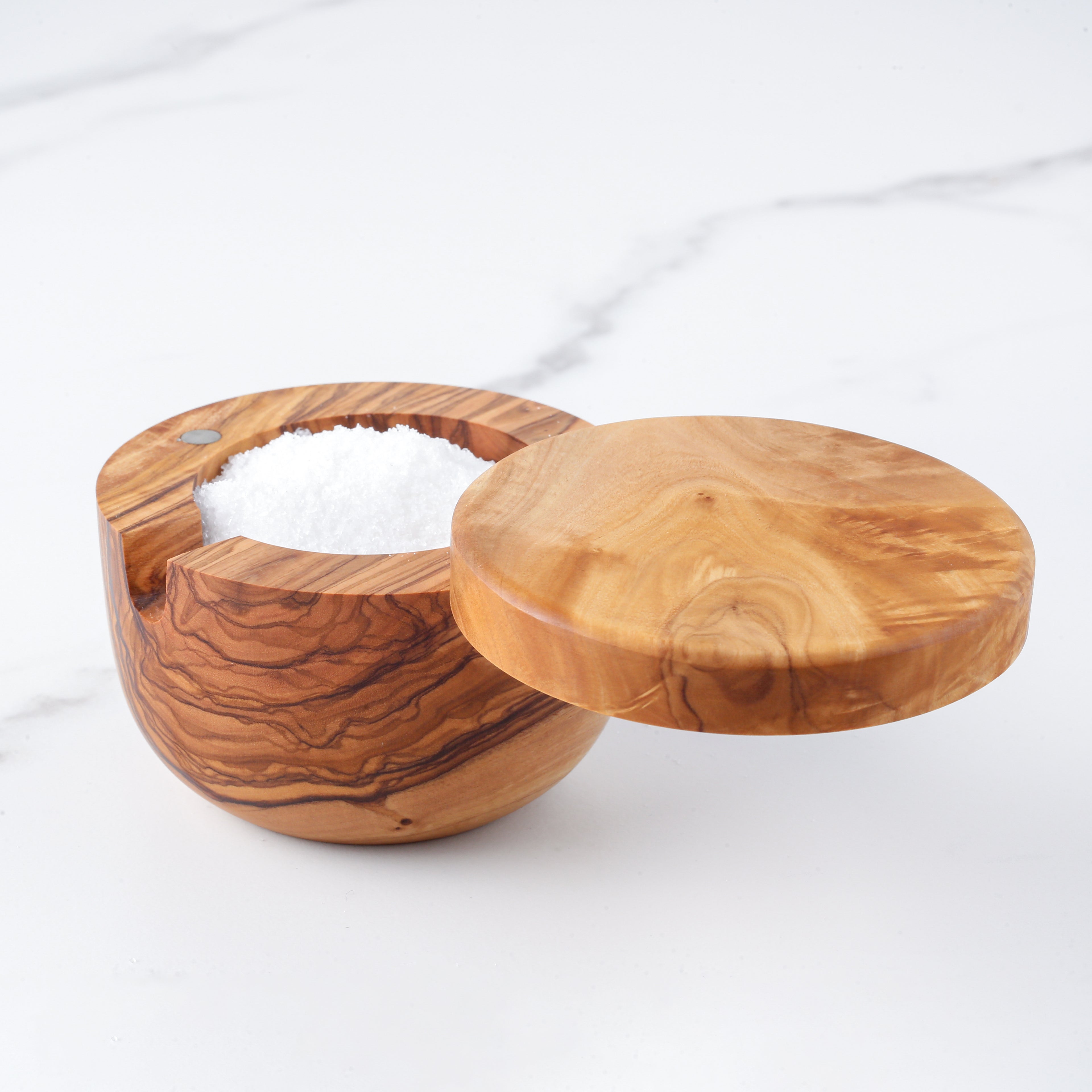 Olive Wood Salt Cellar with Scoop Magnetic Lid Handcrafted
