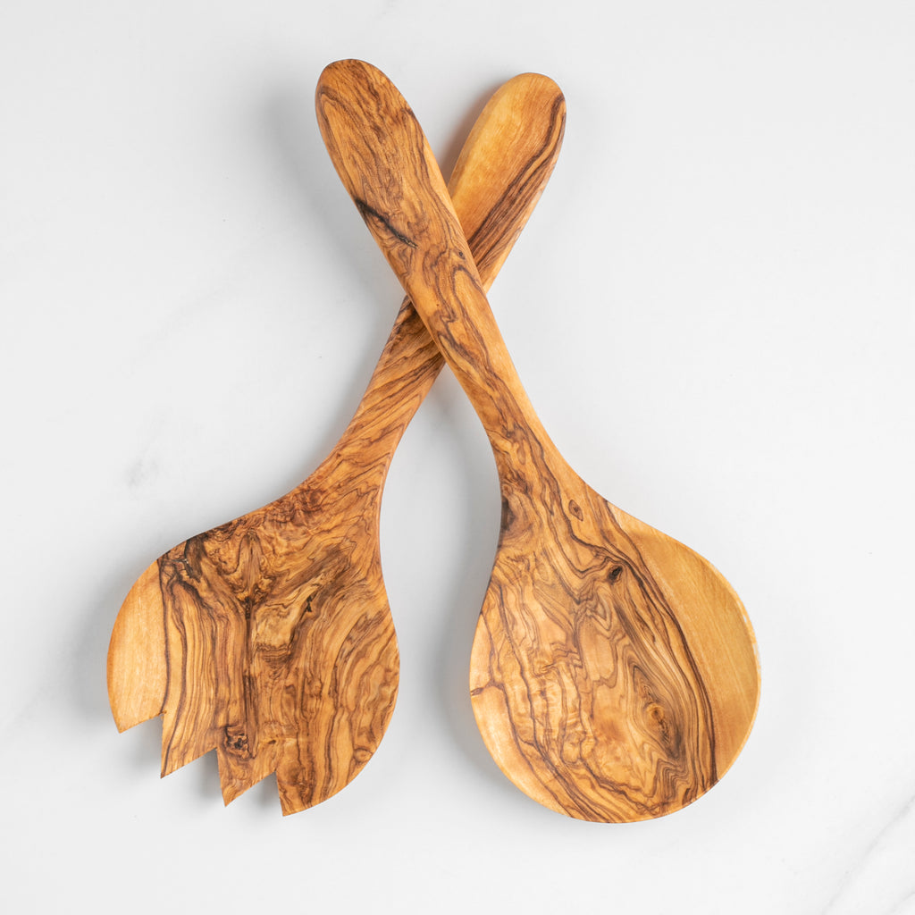 Olive Wood Salad Serving Set 26cm Fork Spoon Handcrafted