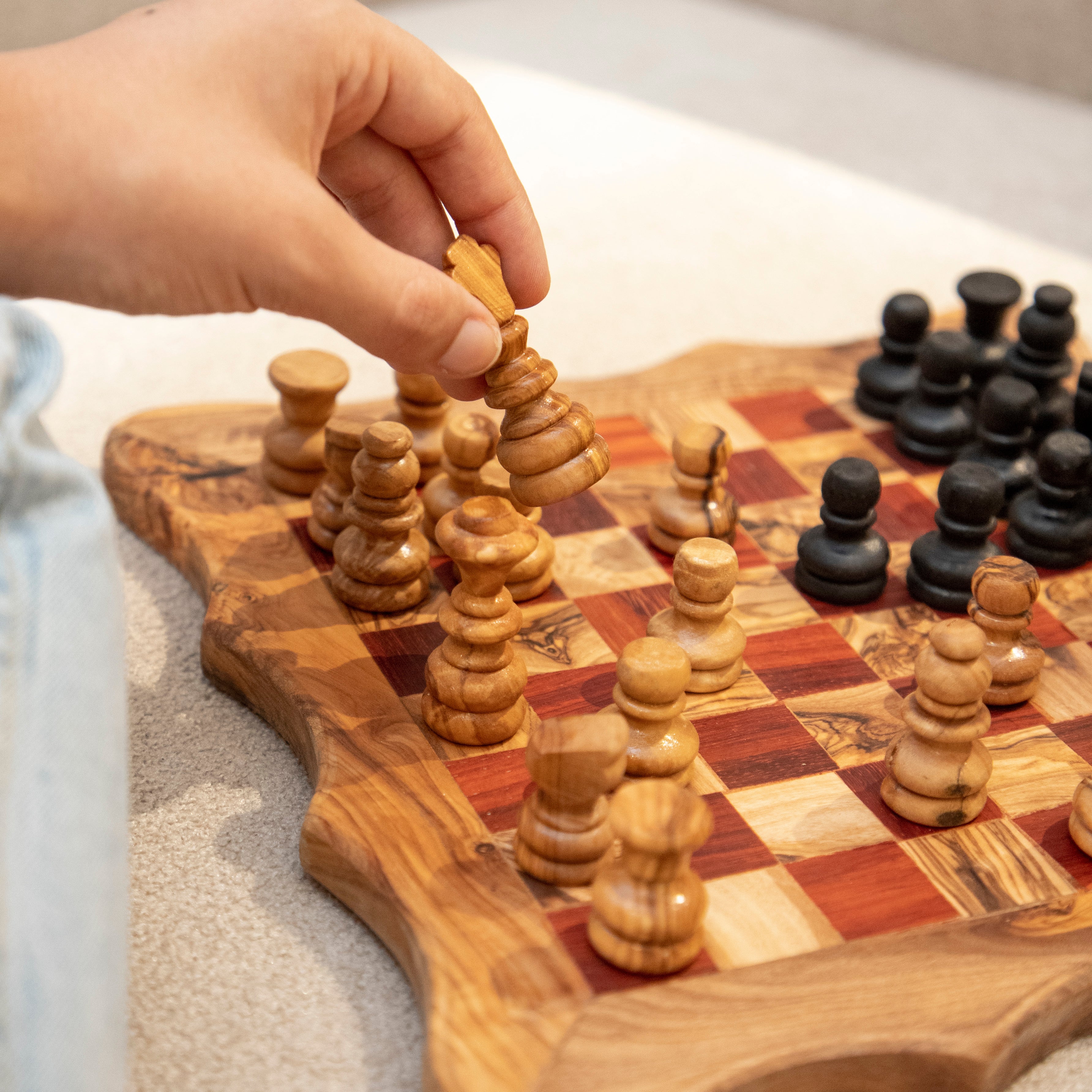 Olive Wood Chess Set with Square Wavy Board and Red Squares