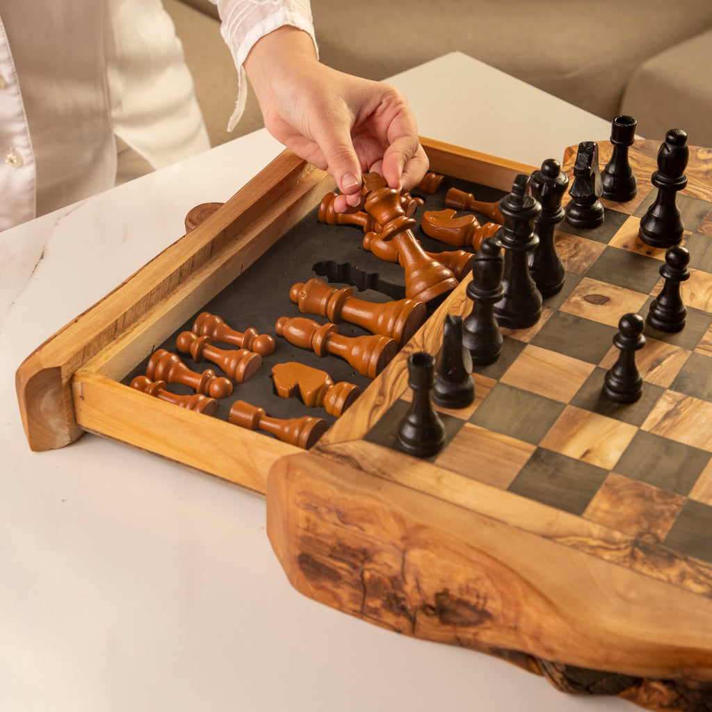 Handcrafted Olive Wood Chess Set with Large Rustic Drawer