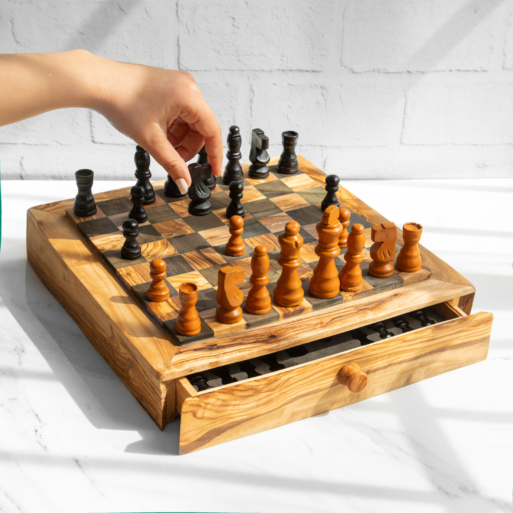 Handcrafted Square Olive Wood Chess Set with One Large Drawer