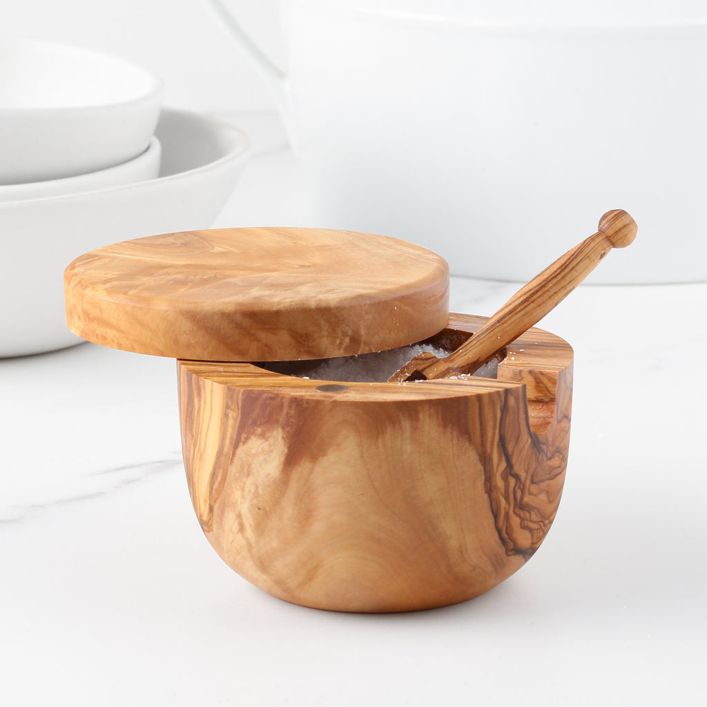 Olive Wood Salt Cellar with Scoop Magnetic Lid Handcrafted