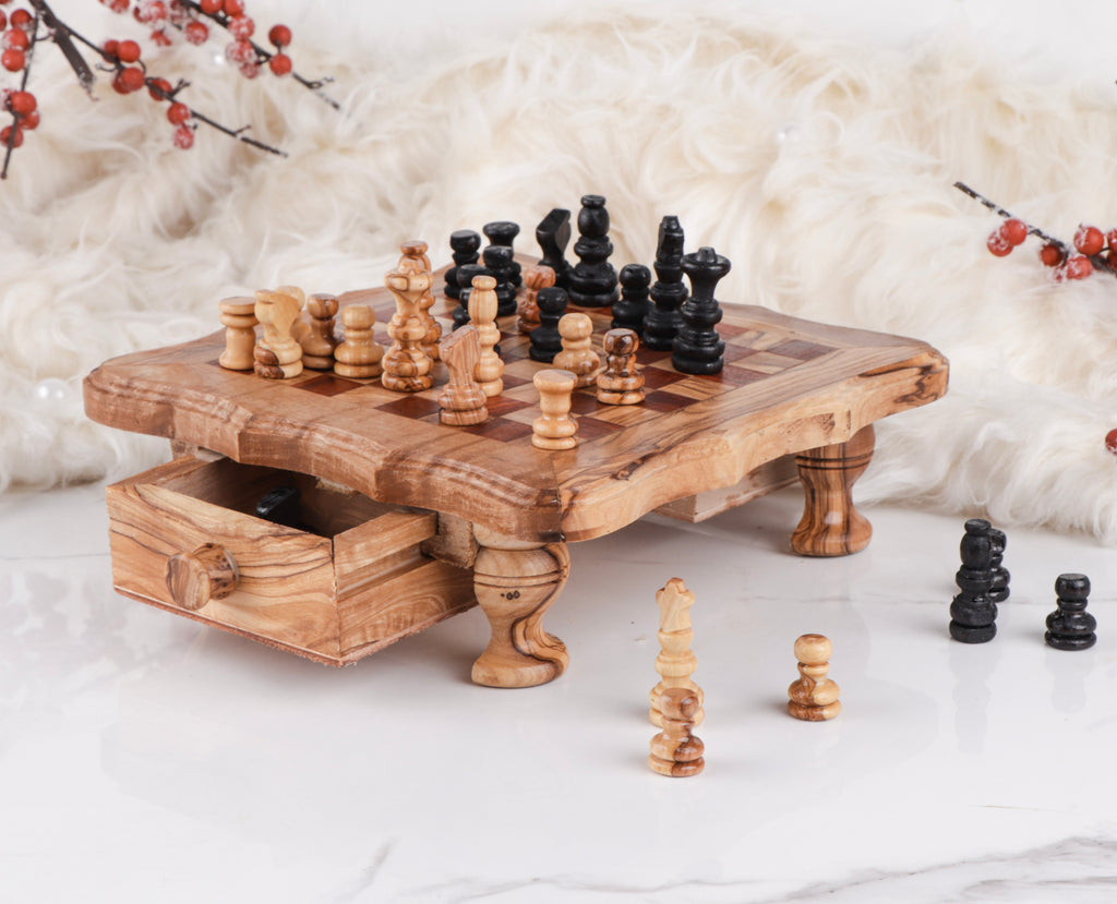 Chess Set with Wavy-Edged Board and Rustic Legs and Red Squares