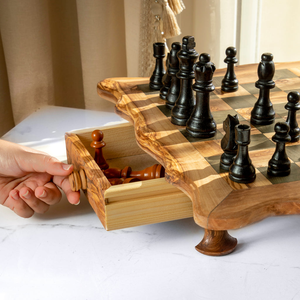 Handcrafted Olive Wood Chess Set with Wavy-Edged Board and Rustic Legs