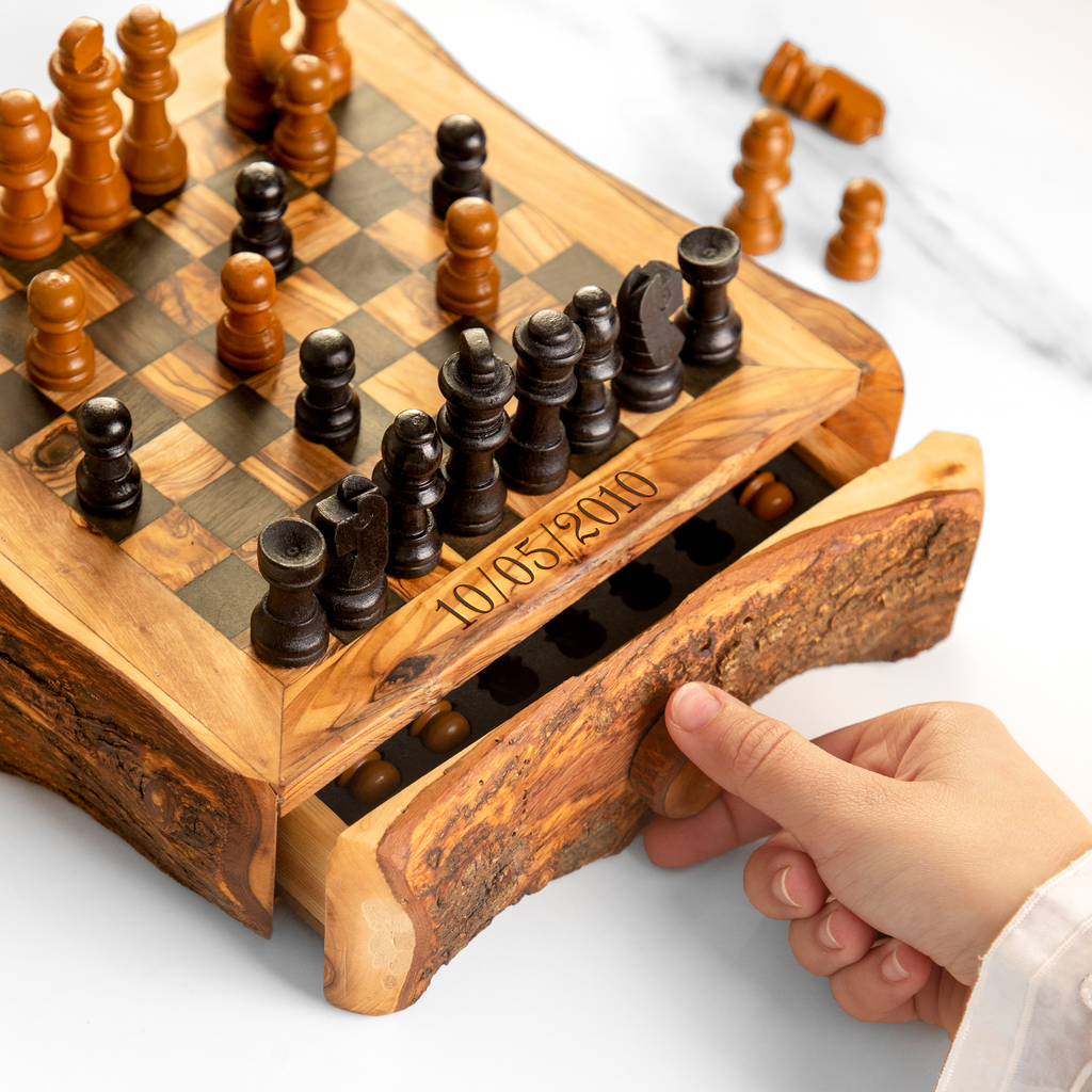Handcrafted Olive Wood Chess Set with Large Rustic Drawer