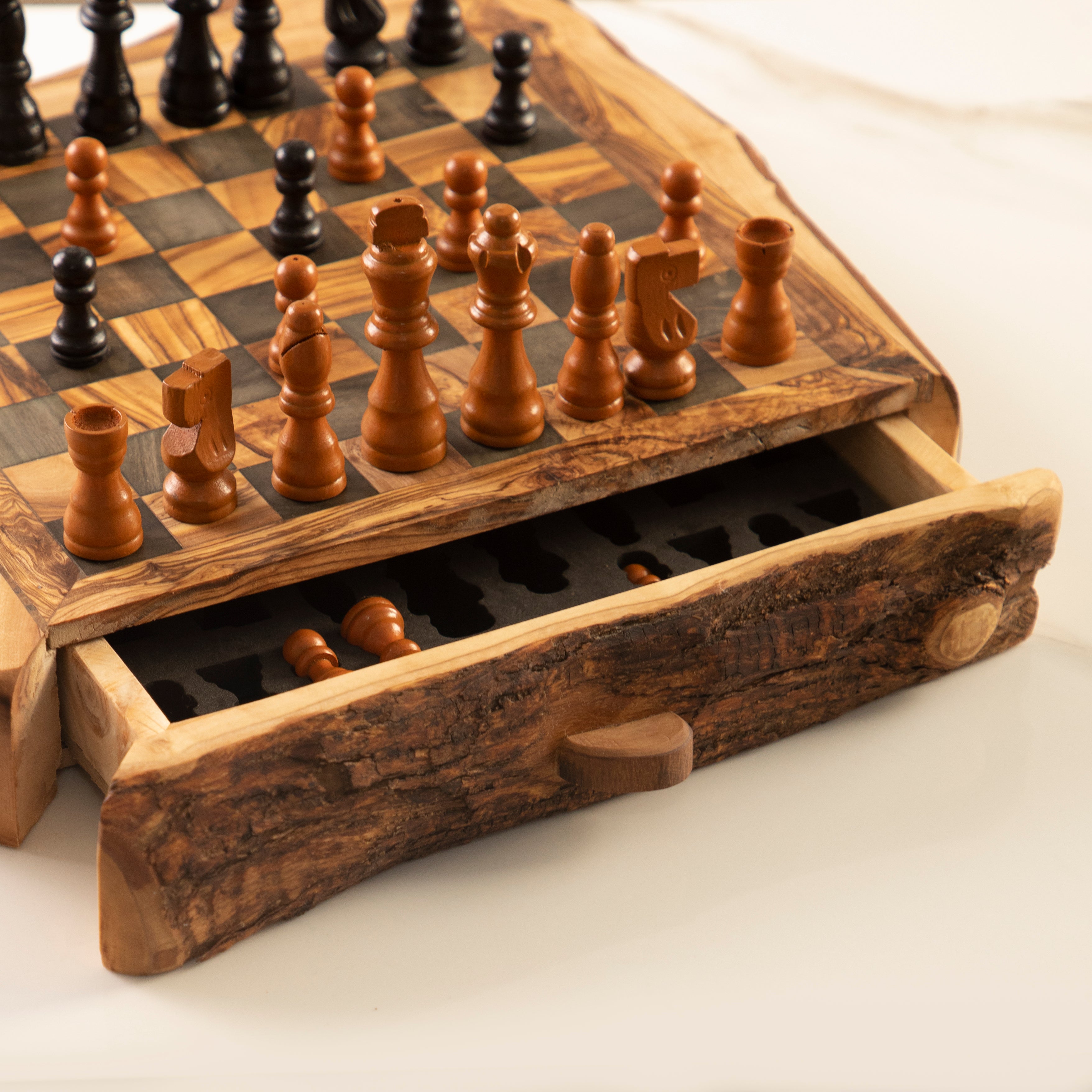 Handcrafted Olive Wood Chess Set with Large Rustic Drawer