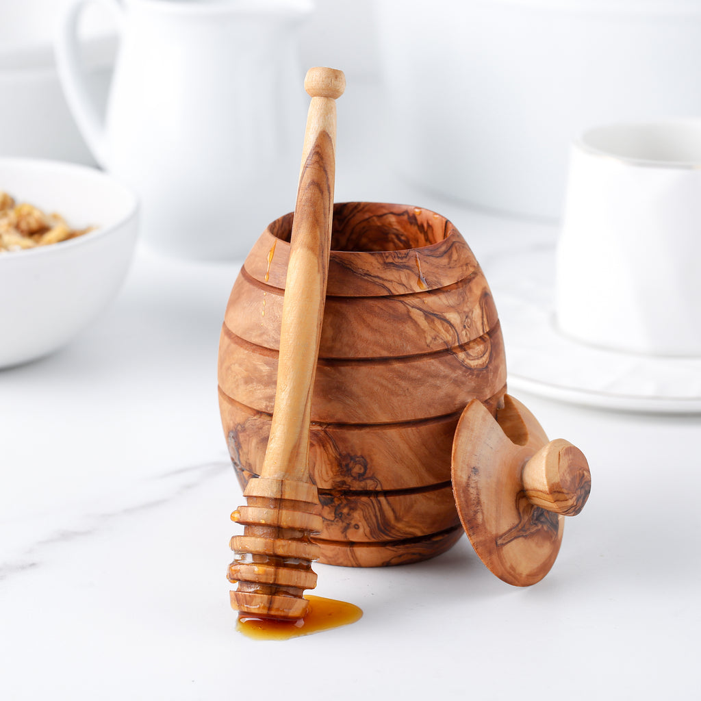 Rustic Olive Wood Honey Jar & Dipper – Hand-Carved