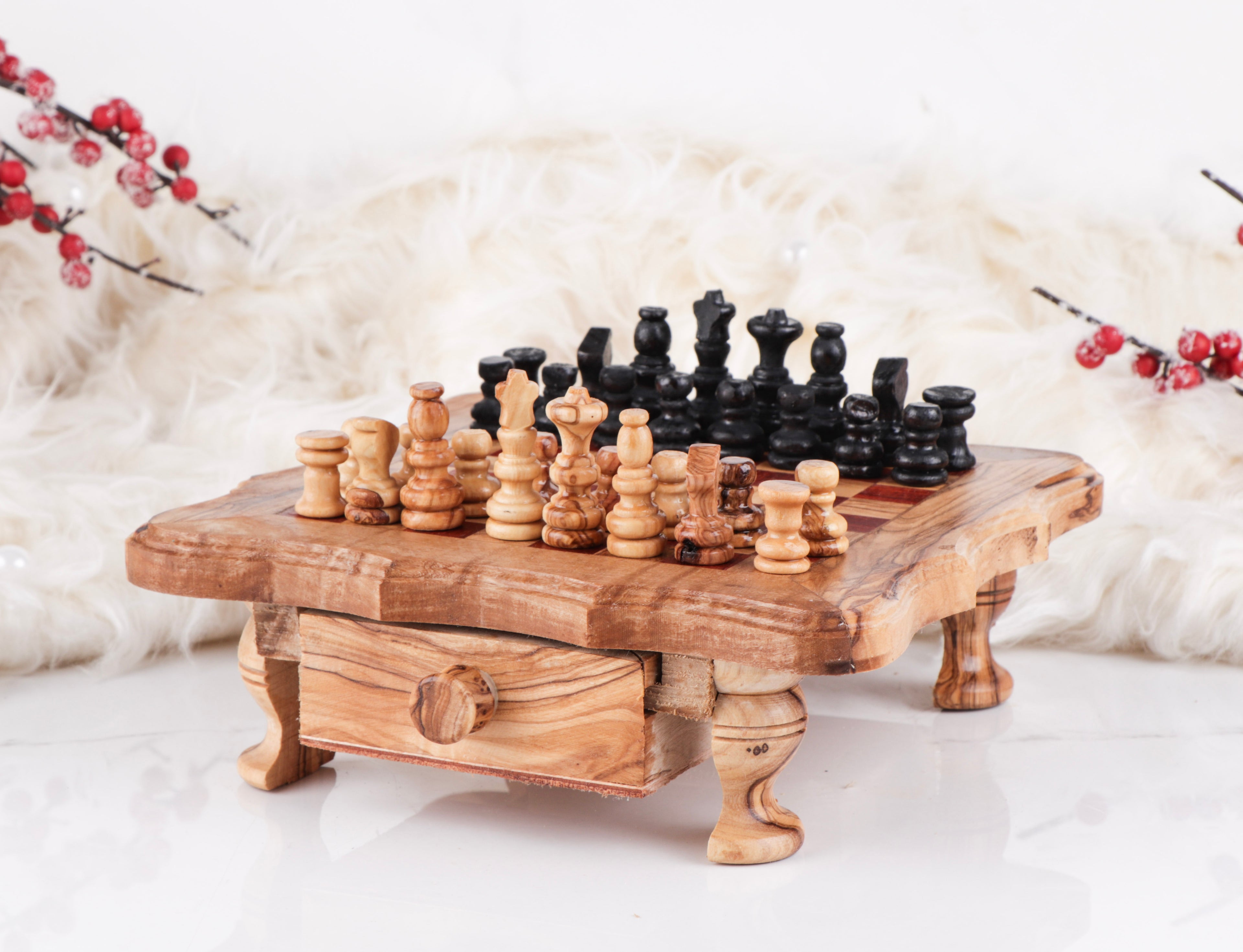 Chess Set with Wavy-Edged Board and Rustic Legs and Red Squares
