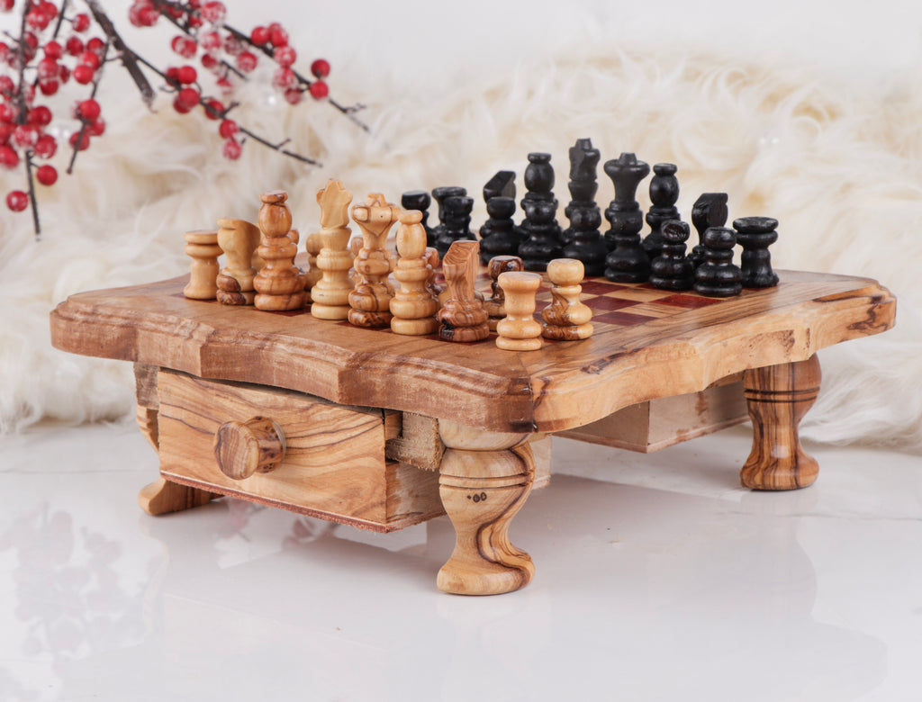 Chess Set with Wavy-Edged Board and Rustic Legs and Red Squares