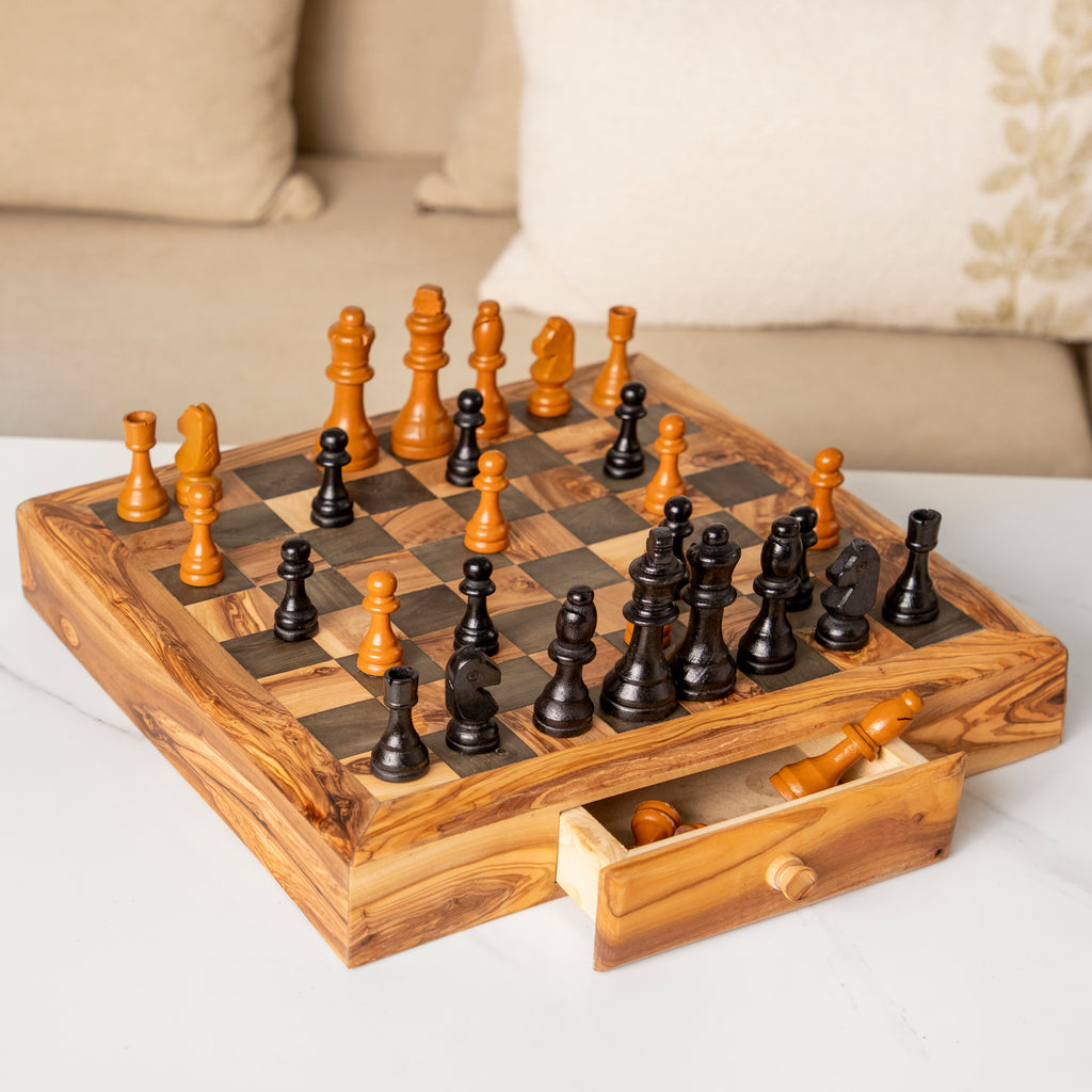 Handcrafted Olive Wood Chess Set with Drawers