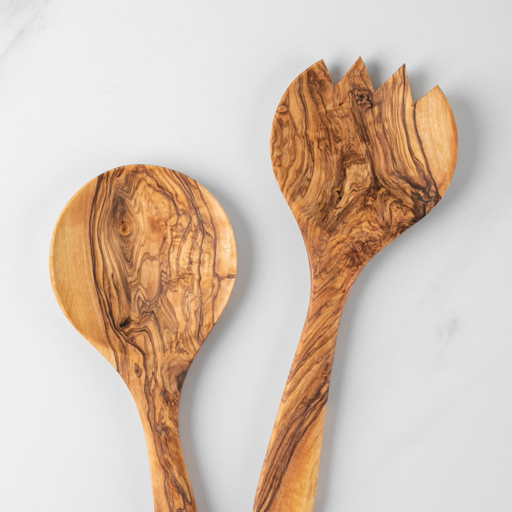 Olive Wood Salad Serving Set 26cm Fork Spoon Handcrafted