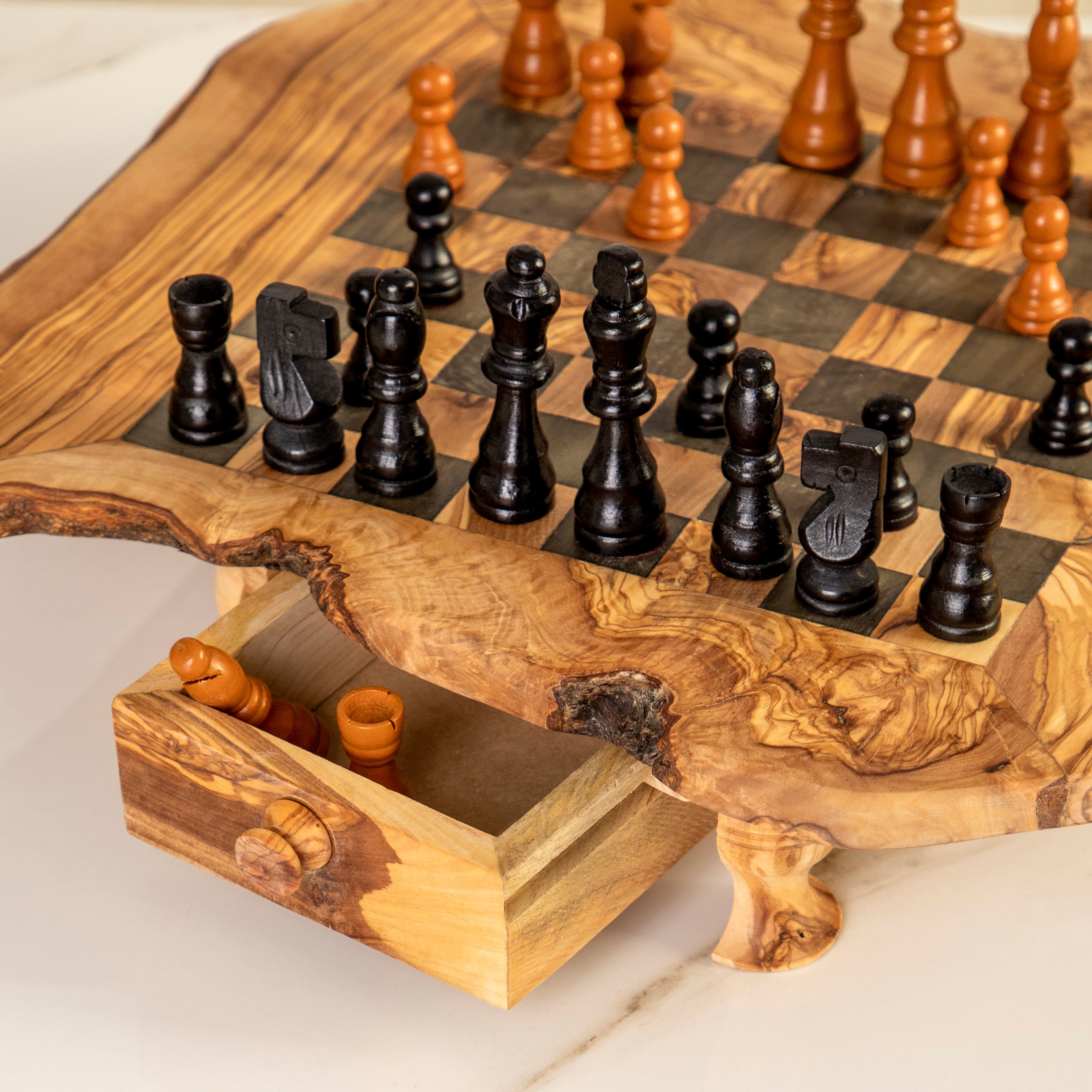 Handcrafted Olive Wood Chess Set with Drawers and Legs for Home Decor