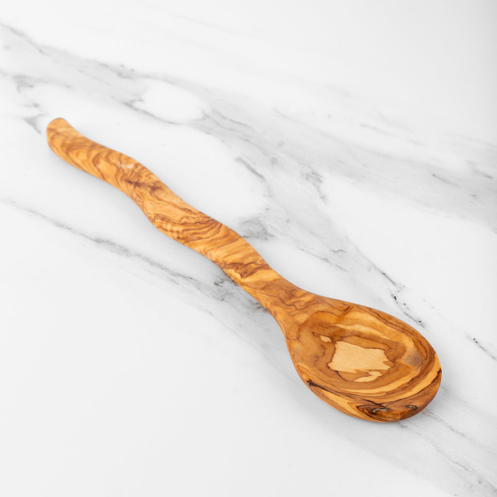 Olive Wood Cooking Spoon 30cm Curved Handle Handcrafted