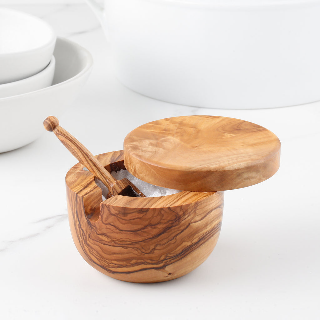 Olive Wood Salt Cellar with Scoop Magnetic Lid Handcrafted