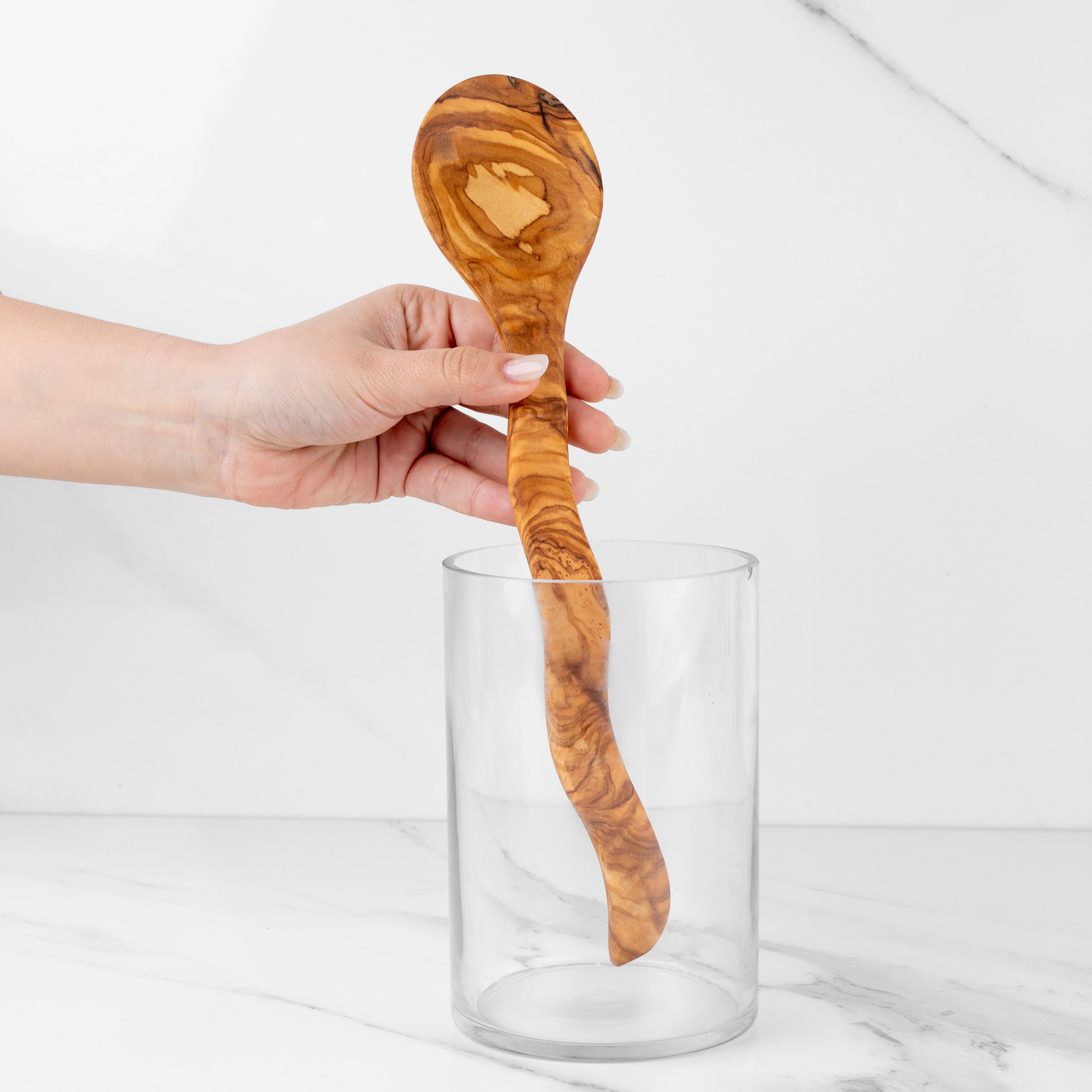 Olive Wood Cooking Spoon 30cm Curved Handle Handcrafted
