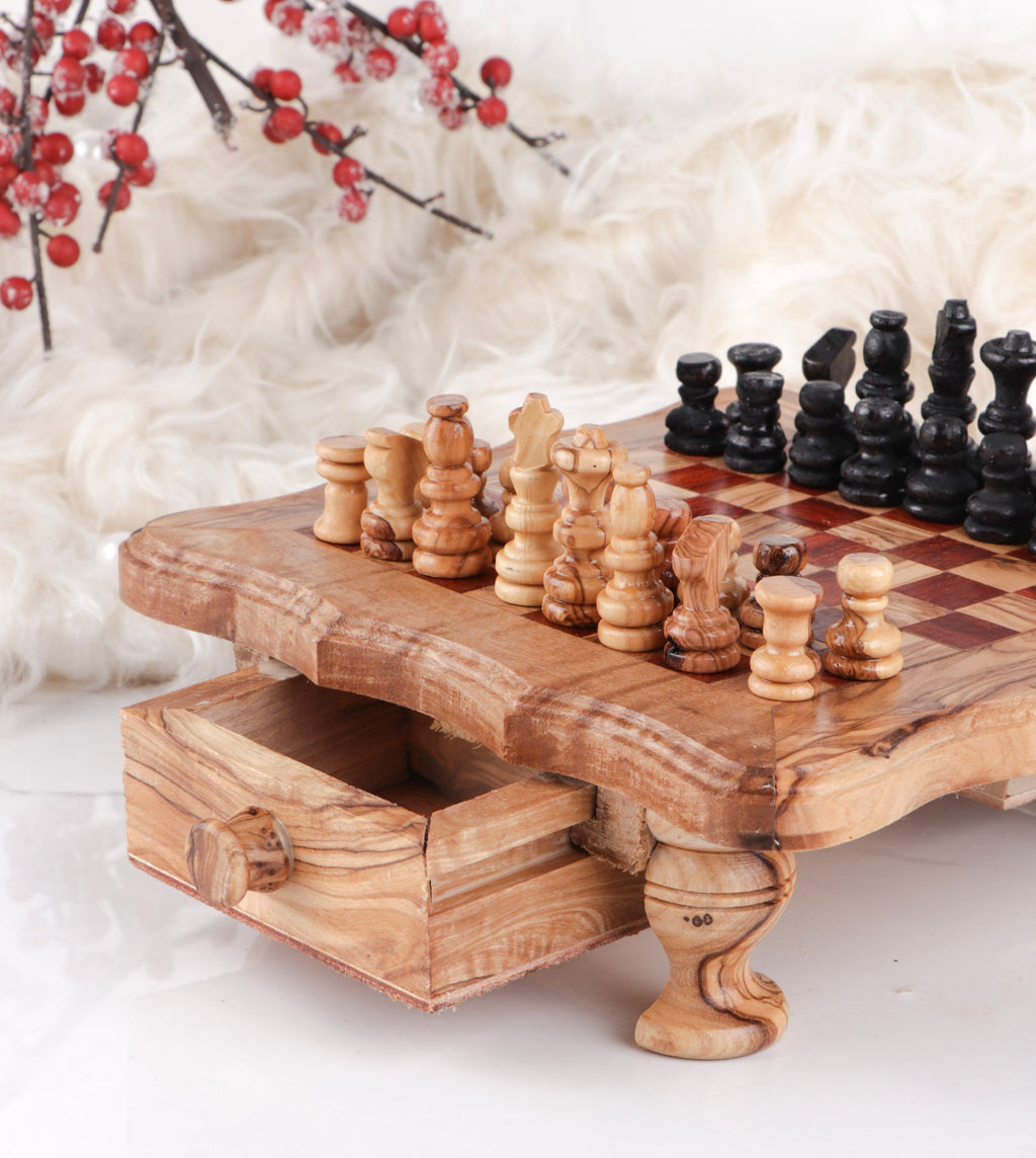 Chess Set with Wavy-Edged Board and Rustic Legs and Red Squares