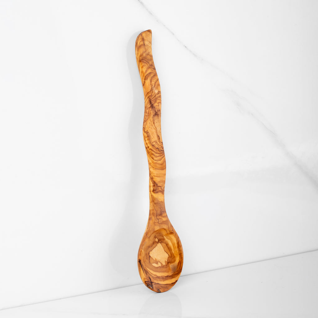 Olive Wood Cooking Spoon 30cm Curved Handle Handcrafted