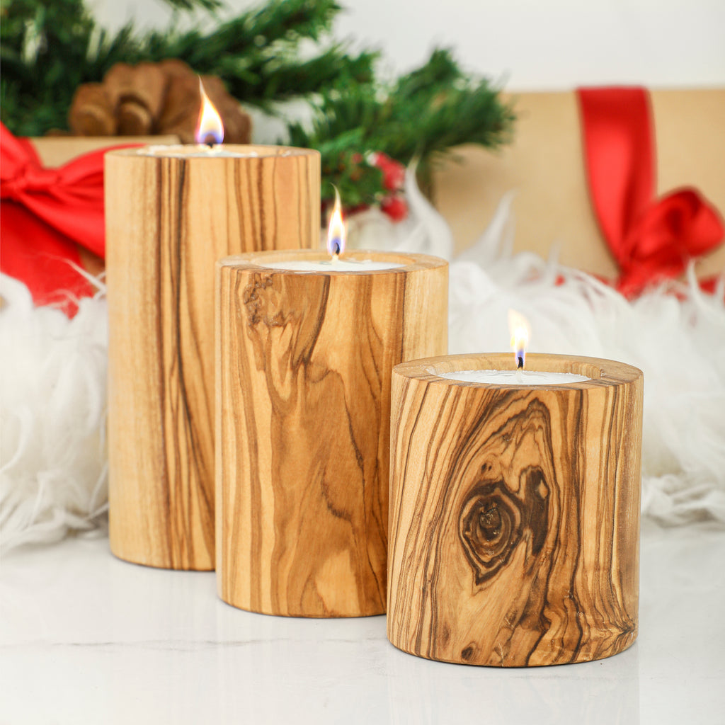 Handcrafted Tunisian Olive Wood Set of 3 Candle Holders
