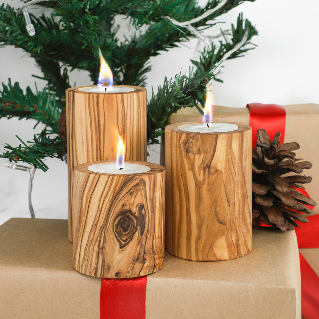 Handcrafted Tunisian Olive Wood Set of 3 Candle Holders
